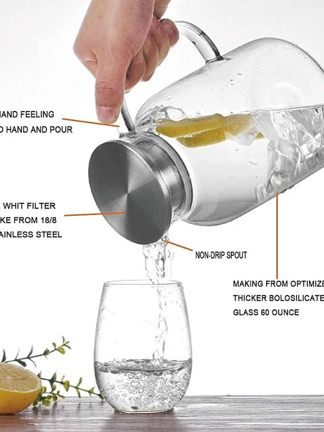 1 تشيس 1CHASE Borosilicate Glass Water Pitcher With Stainless Steel Lid and Strainer 1800ml